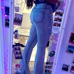 Bamboo mid rise flare jeans. They have 5 buttons and are nice and stretchy.